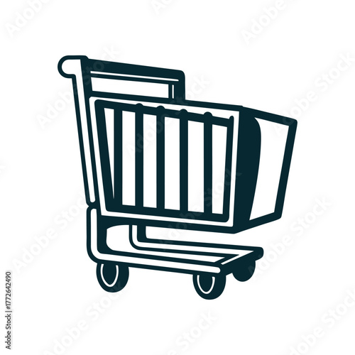 Shopping Cart Line Art, Minimalist Icon A white shopping trolley front appears in simple lines