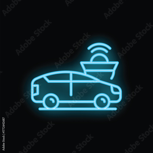 Glowing blue neon icon of a self driving car using a radar system