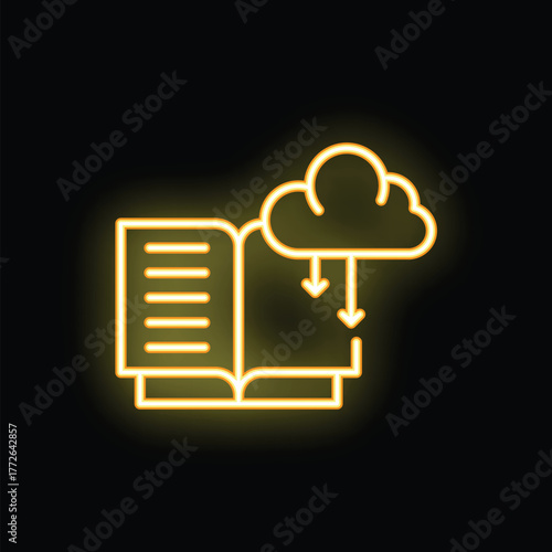 Yellow neon icon representing the concept of downloading a book from a cloud computing system