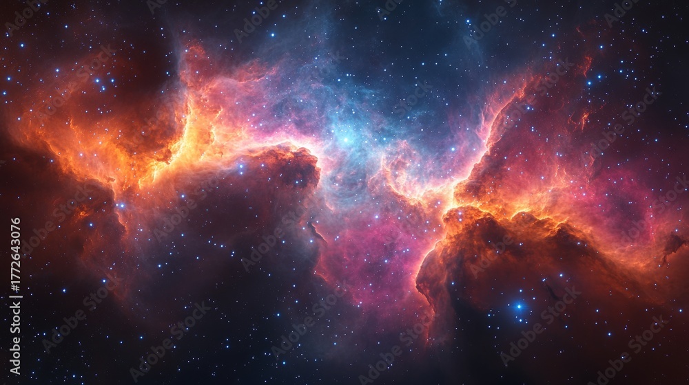 Naklejka premium A stunning cosmic scene featuring vibrant nebulae, stars, and vivid colors, showcasing the beauty of the universe.