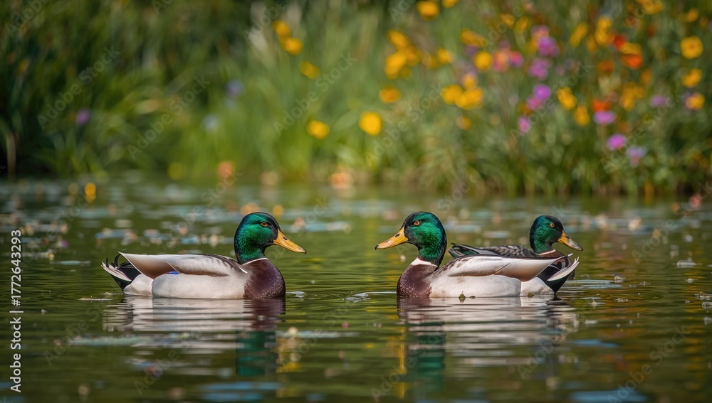 Obraz premium Serene mallard ducks in a summer setting, showcasing tranquility in nature