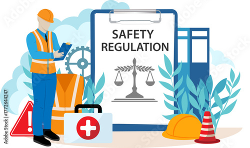 Safety regulation. Occupational safety regulations and health inspection. Worker security protection policy.