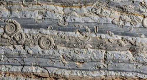 Fossiliferous Limestone Rock Face Weathered Layers Showing Ancient Marine Life Geological History Paleontology Natural Stone Texture