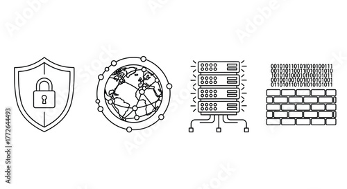 Digital network security icons shield globe servers and firewall brick wall simple drawings vector