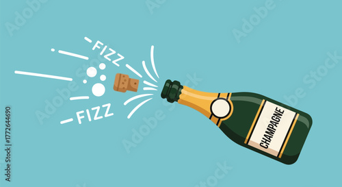 Champagne bottle popping with fizz isolated on a blue background illustration