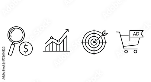 Business growth marketing icons representing search analytics sales target and shopping cart for online commerce vector