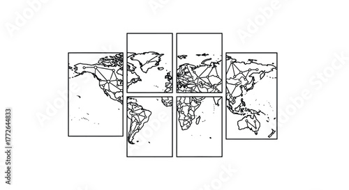 Abstract world map panels four part multi panel global continents outline art contemporary decor vector