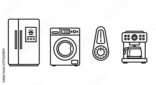 Collection of household appliances including refrigerator washing machine coffee maker and more vector