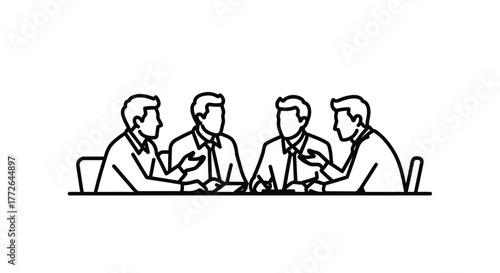Four business people in a meeting discussing ideas around a table hand drawn sketch vector