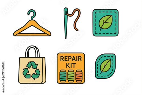 Sustainable fashion and clothing repair symbols showing recycling bag hanger needle and thread
