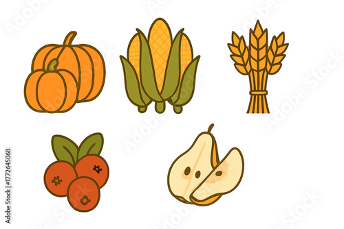 Pumpkin, corn, wheat, cranberries, and pear slices representing autumn harvest foods