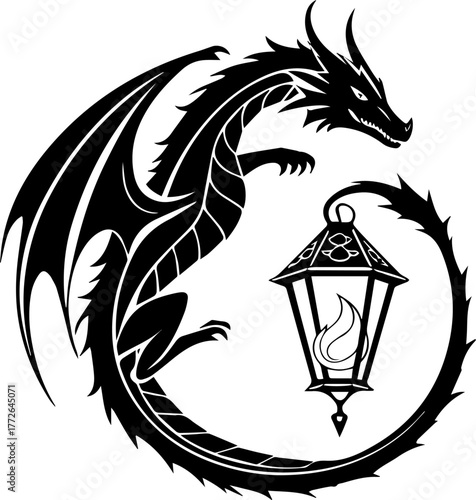 Curled Dragon Around Lantern – Mythical Silhouette Vector