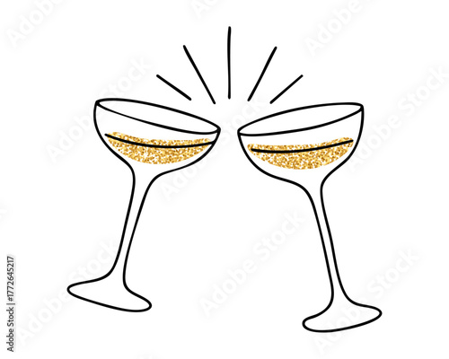 Minimalist vector illustration of two clinking champagne glasses with golden drink, elegant line art design for celebration, wedding, party decor, and festive invitations.