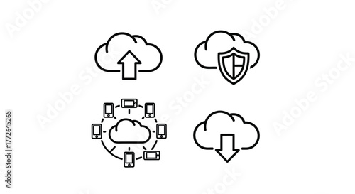 Cloud computing icons representing upload download security and network connectivity set vector
