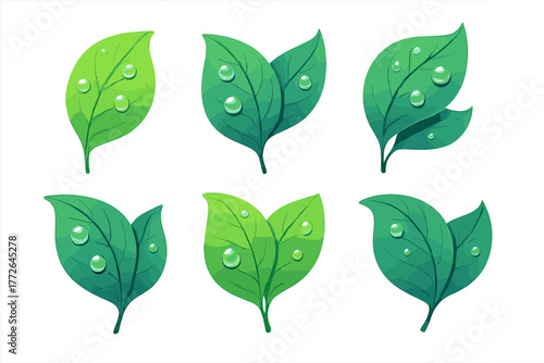 Vibrant green foliage elements adorned with realistic clear water droplets