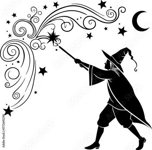 Wizard Casting Magic Spell – Fantasy Silhouette Vector Art