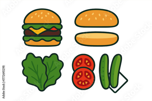 Classic cheeseburger with separate ingredients: bun, patty, cheese, lettuce, tomato, and pickles