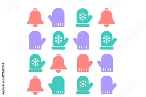 Colorful winter holiday icons pattern with bells and various mittens decorated with snowflakes