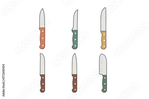Set of essential kitchen knives including chef, utility, paring, and serrated bread types
