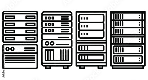 Four racks of computer servers showing storage network and processing units in clean outline style vector