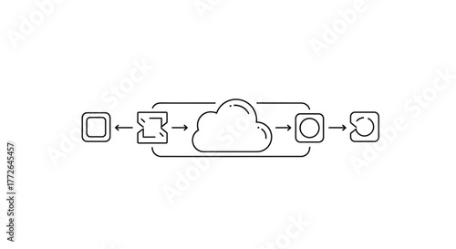 Digital cloud network connection with data flow between devices and central cloud server vector