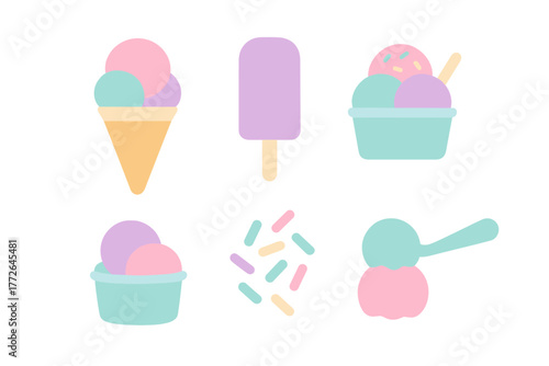 Pastel colored frozen desserts collection featuring ice cream cones, popsicles, sundaes, and sprinkles
