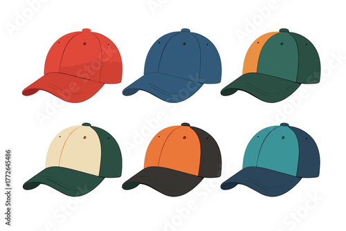 Set of six colorful baseball caps featuring solid colors and two-tone designs for apparel mockups