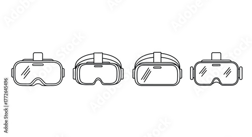 Line art drawing of virtual reality vr goggles headset devices in different angles and styles vector