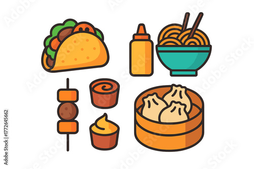 Popular international street food dishes set including taco, noodles, dumplings, and kebab skewer