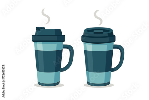 Reusable insulated travel coffee mugs with handles and steaming hot drinks