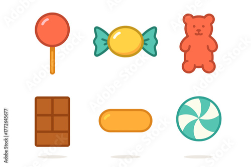 Colorful collection of sweet treats including lollipop, gummy bear, chocolate, and hard candies