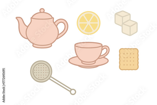 Pastel colored tea party objects including teapot teacup lemon sugar cubes and biscuit