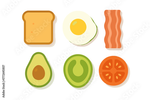 Collection of common breakfast and sandwich ingredients including bread, fried egg, bacon, and fresh produce