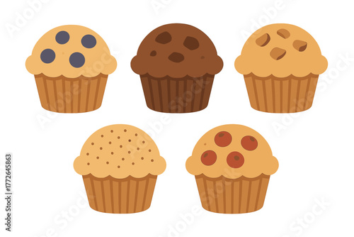 Assortment of five flavored muffins with blueberry chocolate and cherry toppings