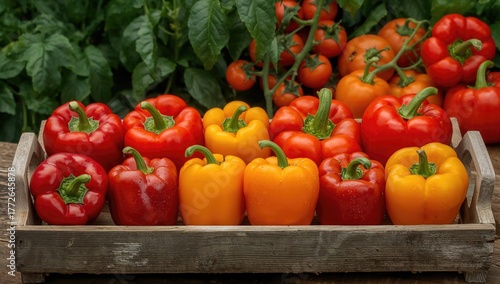 Bell peppers of various sizes arranged on a wooden tray, showcasing seasonal harvest, Earth Day
