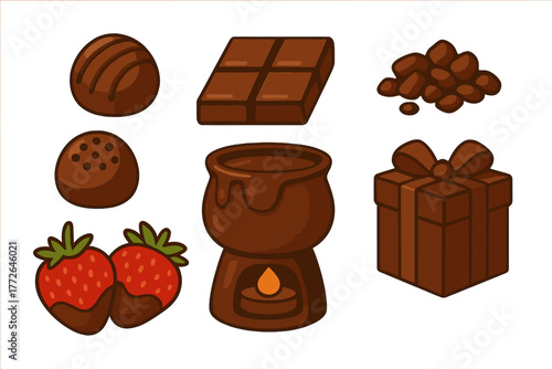 Assortment of chocolate desserts: truffles, fondue, dipped strawberries, and gift box