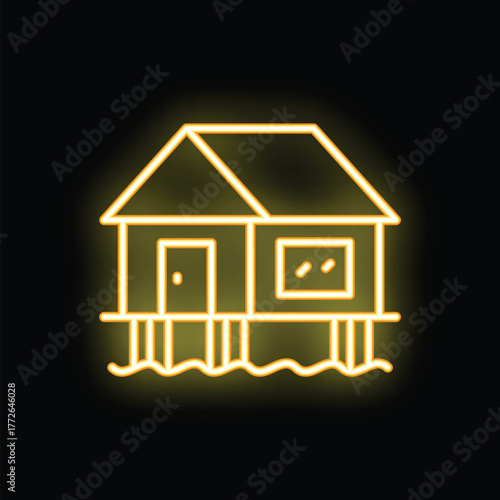 Yellow neon icon of a bungalow standing on stilts over water, glowing on a black background