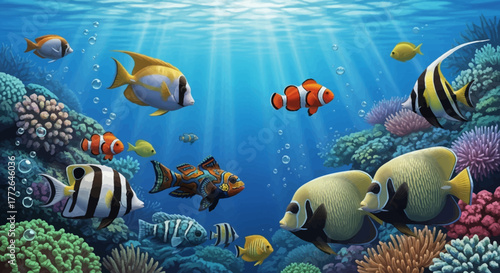 Colorful Tropical Fish Swimming in a Vibrant Coral Reef Ecosystem.