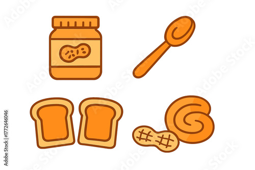 Peanut butter food icons set featuring jar, spoon, bread slices, and whole peanuts