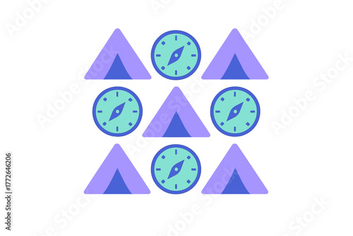 Repeating geometric pattern of outdoor camping tents and navigational compasses