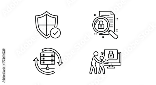 Cybersecurity concept icons featuring shield data security magnifier servers and people protecting digital information vector