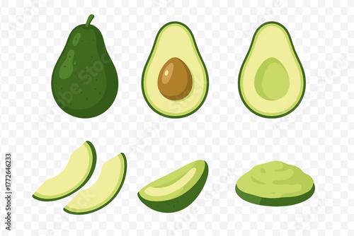 Collection of fresh green avocados whole, halved, sliced, and mashed forms