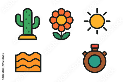 Desert and outdoor survival elements represented by cactus, sun, flower, sand, and canteen
