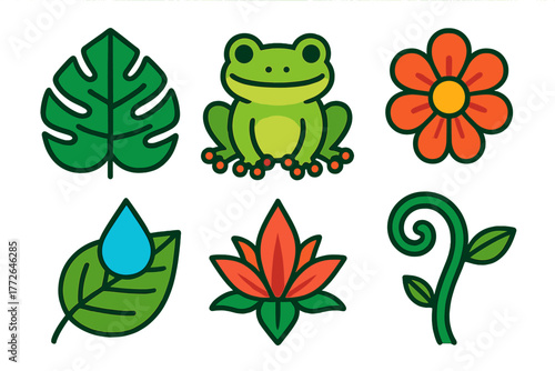 Cute nature icons set featuring a smiling green frog, tropical leaf, and colorful flowers