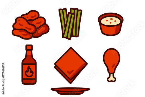 Classic buffalo wings meal components with celery sticks and spicy dipping sauce