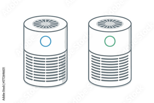 Pair of contemporary home air purifiers with status lights indicating clean and polluted air quality