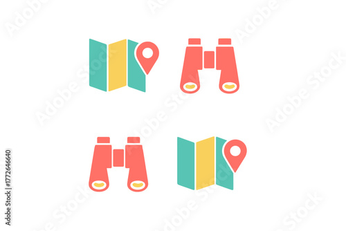 Travel and navigation icons set featuring folded maps with location markers and binoculars