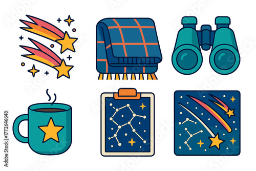 Cozy items for stargazing including binoculars, warm plaid blanket, hot beverage mug, and celestial constellations