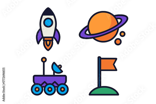 Colorful space exploration set featuring a rocket ship, ringed planet, planetary rover, and flag on a hill