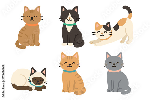 Six adorable cartoon cats sitting, stretching, and sleeping in various colors and breeds